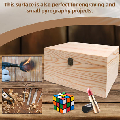 VIKOS Products 13.8x9.9x6.7-Inch/ 3.33-Gal. X-Large Unfinished Wooden Box for DIY Crafts & Storage with Hinges & Retro Front Clasps - Natural Pine - Smooth Paintable Surface