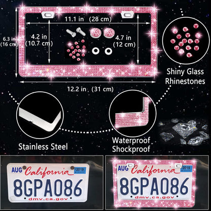 NBTEPEM 27-Piece Bling Car Accessories Set - Universal Fit Steering Wheel Covers, License Plate Frames, Phone Holder, Car Fast Charger, Coasters (Pink)