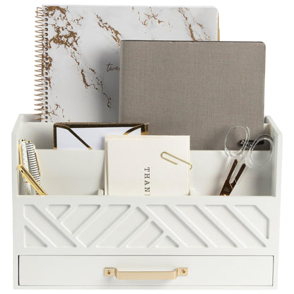 BLU MONACO | White Wooden Mail Organizer with Drawer & Gold Handle | Mail Sorter Organizer Countertop | Tabletop Organizer with Drawers & Outgoing Mail Holder
