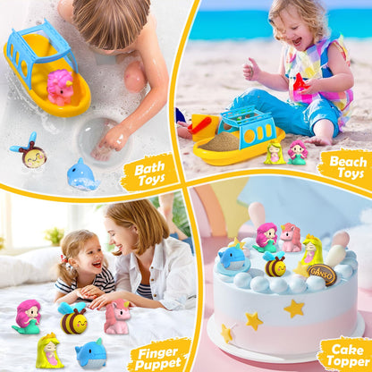 Oriate Mermaid Princess Finger Puppets Bath Toys(5 PCS) for Kids Toddlers 1-3 with Bath Boat, Baby Bathtub Shower Toys, Animal Whale Bee, Floating Water Beach Pool Toys Easter Eggs