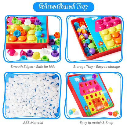 Geekper 68PCS Button Art Toys for Toddlers Color Matching Mosaic Pegboard, Early Learning Educational Toys for 3, 4, 5, 6 Year Old Kids Boys and Girls Easter Gifts, 10 Pictures and 58 Buttons