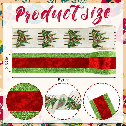 Threetols 2 Rolls 10 Yards Christmas Wired Edge Ribbons, 2.5inch Green Red Stripe Velvet Ribbons, Glitter Christmas Tree Snowflake Ribbon for Winter Xmas Party DIY Craft Wreath Bow Decor