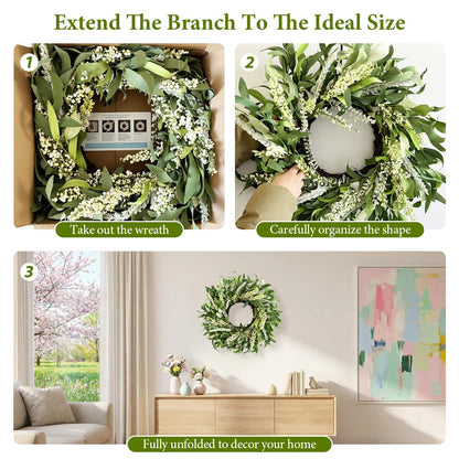 Greenery Spring Wreath for Front Door, 26 Inch Large Wreath with Artificial Eucalyptus Leaves and Cream Ear of Grain, All Season Spring Wreath for Wedding Rustic Modern Farmhouse Home Decor