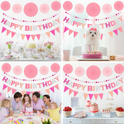 Danadia Pre-Strung Happy Birthday Banner, Reusable Felt Birthday Party Decorations, 3D Effect Happy Birthday Sign with Felt Ball Garland, Pennant Flag, Hanging Paper Fans for Men Women Boy Girls (Pink)
