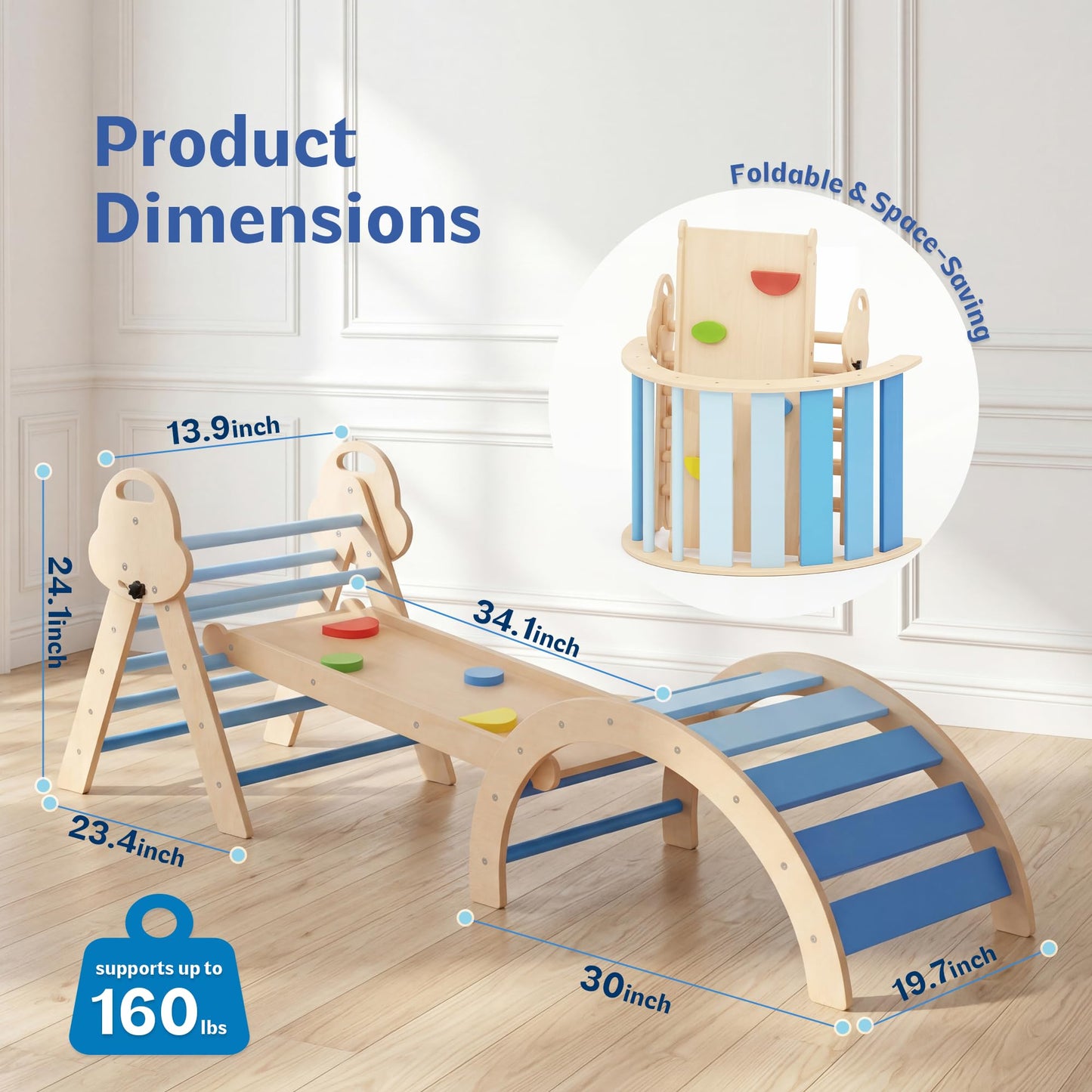 bbgroundgrm 8-in-1 Wooden Climbing Set for Toddlers with Cushion, Foldable Montessori Indoor Climber with Arch, Ramp and Triangle Ladder, Natural Wood Play Gym for Kids 1-3