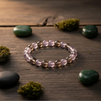 The Alchemist's Arcanum Adjustable Beaded Wrist Accessory for Men and Women, Stretch Fit Stone Bead Jewelry for Daily Wear and Gifting (Amethyst & Smoky Quartz)