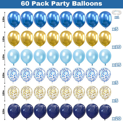 Blue and Gold Balloons, 60Pcs 12Inch Navy Pearl Party Balloons With Metallic Helium Balloon Confetti Latex Set for Boys Birthday Baby Shower Christening Decorations