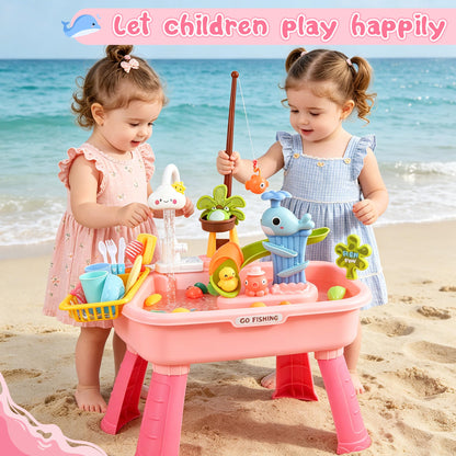Ploomi Upgraded Toddler Sand Water Table Toy with Electric Water Pump, Kids Sand Water with Faucet/Play Food Accessories/Fishing Toy, Kitchen Play Sink Toys for Girl Boy Age 3+