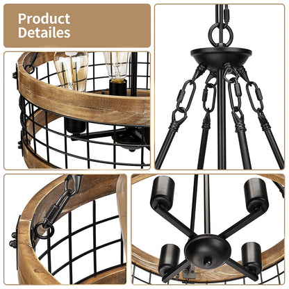 4-Light Rustic Chandelier for Entryway, Round Farmhouse Light Fixtures for Dining Room, Industrial Drum Hanging Pendant Lighting for Kitchen Island, Nature Wood Texture and Black Metal Finish
