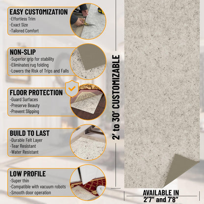 Ottomanson Non Slip Rug Pad Grip 3x23 1/8 Thick, Protection for Any Flooring Surface, Keep Your Runner Rug and Area Rugs in Place, 2'7" x 23', Beige