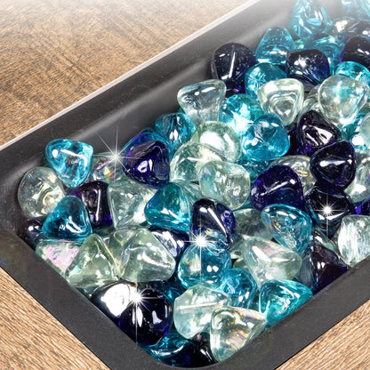 GASPRO 20 Pound Fire Glass Diamonds 1 Inch, Fire Pit Glass Rocks for Gas Fireplace and Fire Pit, Blend of White, Cobalt Blue and Margarita Azura Blue, High Luster