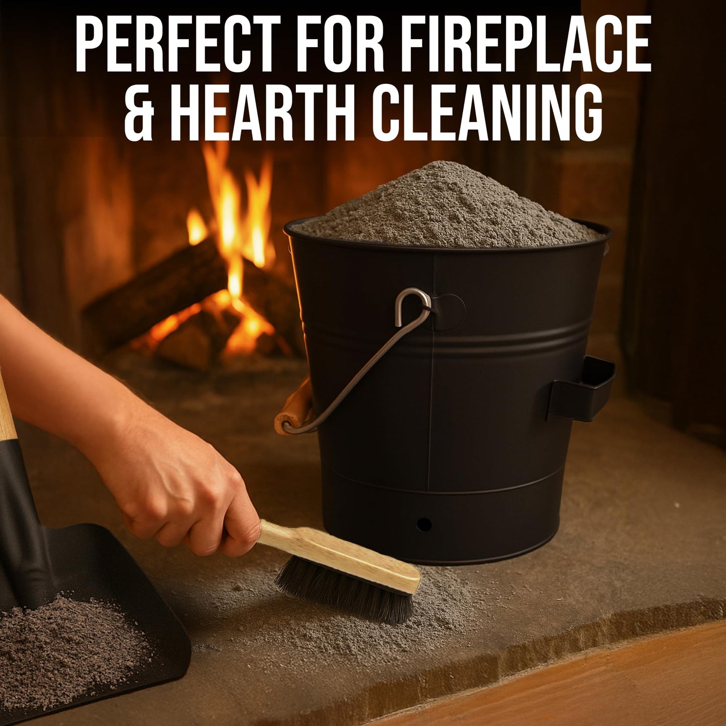 Smedley & York Mini Ash Bucket with Lid, Includes Fireplace Tools, Pail, Shovel and Broom, 1.5 Gallon Charcoal Metal Bucket with Lid, Coal Bucket and Ash Can, Galvanized Iron Ash Bucket for Fireplace