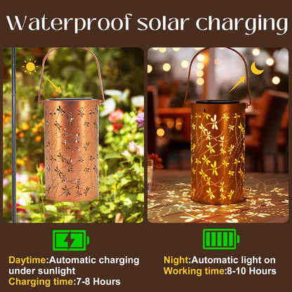 DIBIEECN Mothers Day Gifts for Mom, Birthday Gifts Grandma Ladies Solar Lanterns Outdoor Hanging Hollowed-Out Metal Waterproof LED Garden Decor Outside for Patio Yard Porch, Dragonfly, 1 Pack
