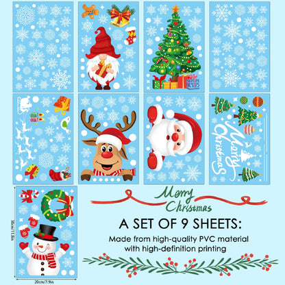 Christmas Window Clings 245pcs Christmas Decals Reusable Double Sided Printed Self Adhesive Window Decorations Santa Claus, Moose, Snowman,Socks,Dwarfs,Xmas Tree and Snowflakes Window Clings, 9 Sheet