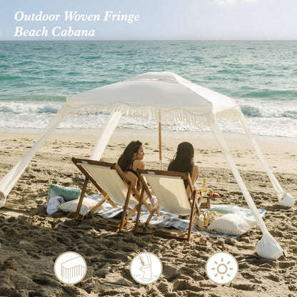 AMMSUN Beach Cabana with Fringe, 7' x 7' Boho Beach Canopy with Tassels, Easy Set up & Premium Wood Pole, Cabana Tent with Sand Pockets, Instant Sun Shade for Sand, Garden, Patio, Elegant White
