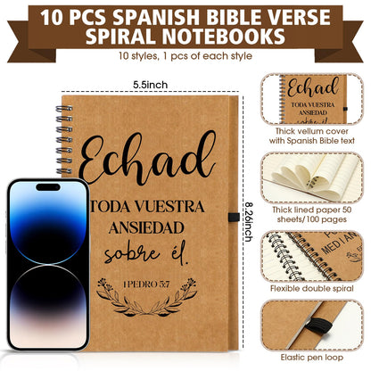 Resurhang 20 Pcs/10 Sets Regalos Cristianos En Español Spanish Christian Notebooks with Pen Spanish Religious Gift Bulk Motivational Journals Inspirational Pen Thank You Gift for Church (Kraft Color)