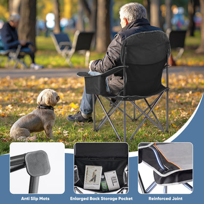 DUMOS Oversized Camping Chair for Adults, Heavy Duty 500 LBS Support Folding Outdoor Chair with Side Cooler Bag, Cup Holder, for Camp Beach Garden, Back Bag, Thicken 300D Oxford, Black