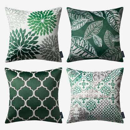 Phantoscope Set of 4 New Living Series Leaf Geometric Throw Decorative Velvet Pillow Cover Cushion Cover, Christmas Green 18 x 18 inches 45 x 45 cm