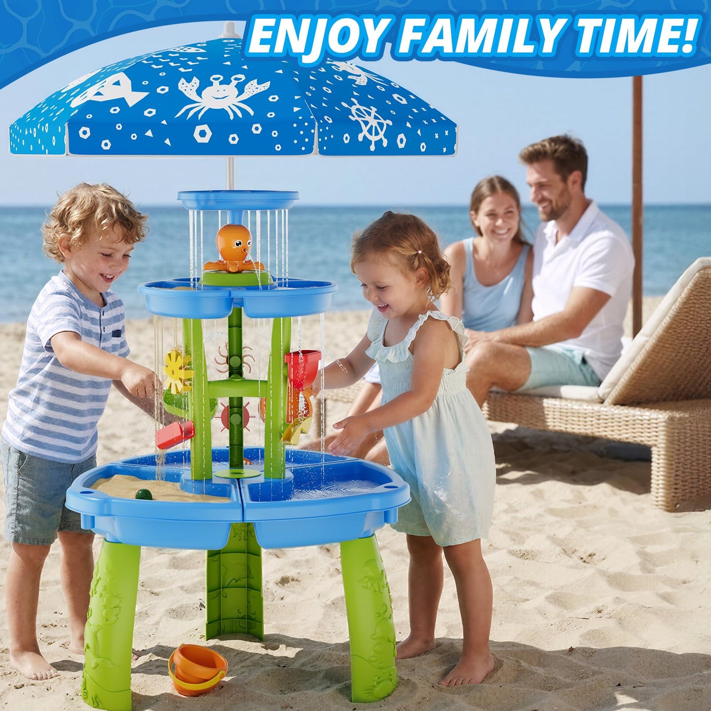 HYES Water Table for Toddlers 3-5, 3-Tier 6 Zones Water Sand Table with Umbrella, Rain Showers Splash Pond Toys for Outdoor Beach Backyard Summer, Kids Activity Sensory Playset for Boys Girls, Blue