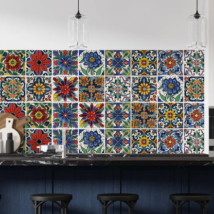 30 Pcs Mediterranean Style Peel and Stick Wall Tile Decals - Waterproof Vinyl Stickers for Kitchen Backsplash, Bathroom, Stair Riser Decor - Spanish Floral Pattern - 4x4 Inch