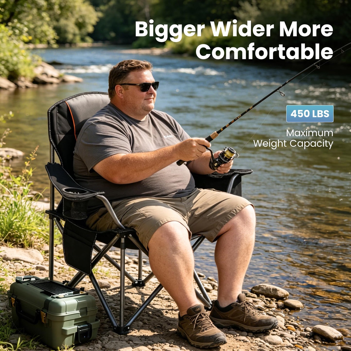 HIGH POINT SPORTS Oversized Folding Camping Chair, Heavy Duty Portable Camp Lawn Chairs, Folding Chairs for Outside with Cup Holder and Cooler Bag for Travel, Beach Support 450 LBS, 2 Pack, Black