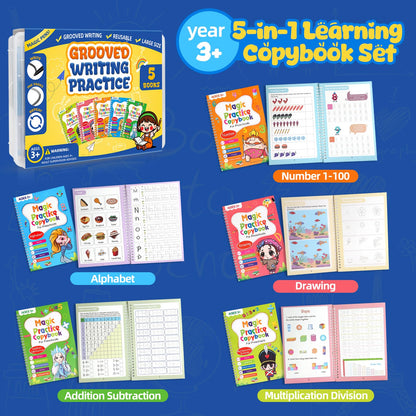 Magic Grooved Writing Practice Books for Kids Age 3-5 6-8, Reusable Large Size Grooved Writing Practice Copybooks, Handwriting Practice, Kids Writing Helper