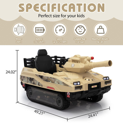 TOBBI 24V Electric Kids Ride on Toys, Battery Powered Tank Car for Toddlers to Drive with Remote Control/8 Missiles/360°Spin/Rubber Tracks/Music, Off-Road Vehicles for Boy&Girl Aged 3-8 Years