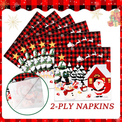 175 Pcs Christmas Paper Plates and Napkins Sets Santa Claus,Snowman,Reindeer Disposable Dinner Tableware Set With 7" Plate, 9" Plates, Napkins,Cups & Knife & Fork &Spoon Party Supplies Serve 25 Guests