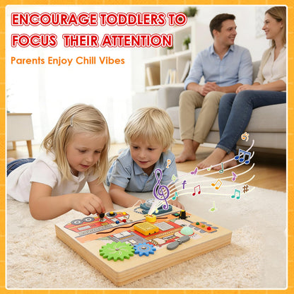 Wdmiya Montessori Busy Board for Toddlers 2-4, Fire Truck Activity Board with LED Lights & Sounds, Wooden Sensory Learning Toy with Rotary Phone, Helicopter & Gears, for 2 3 4 Year Old Boys Girls Gift