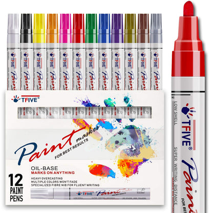 TFIVE Paint Pens Paint Markers Never Fade Quick Dry and Permanent, 12 Color Oil-Based Waterproof Marker Pen Set for Rock Painting, Ceramic, Wood, Fabric, Plastic, Canvas, Glass, Mugs