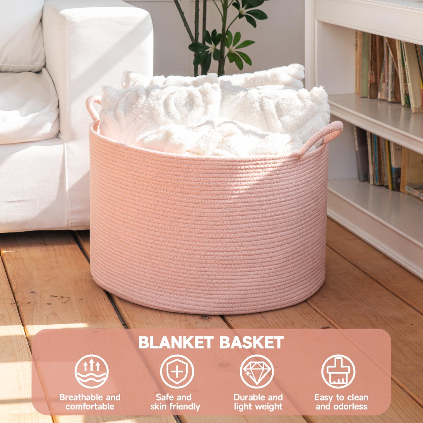 CLHMILY&Z Round Cotton Rope Storage Basket in Living Room, Bedroom, Laundry Room for Toy, Clothes, Blanket, Pillow (Pink, XLarge(14.2"x22"))