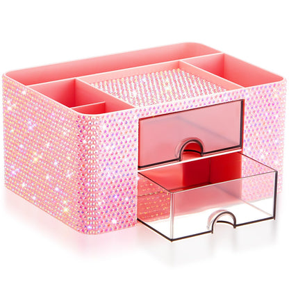 MotiMind Pink Bling Desk Organizer with 2 Drawer, Sparkly Makeup Organizer for Vanity, Girly Desk Accessories, Rhinestone Pen Holder, Elevate Your Workspace with Pink Serenity (Diamond)