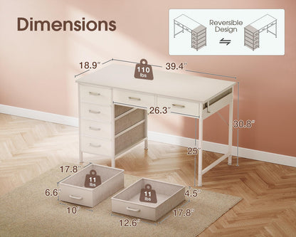 Casaottima 40 Inch Small Computer Desk with 6 Drawers, Reversible Storage Desk for Home Office, Work Study Table for Bedroom, White