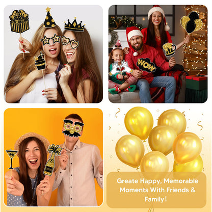 36PCS Black and Gold Photo Booth Prop, Birthday Party Photo Booth Props for Photoshoot Birthday Party Photobooth New Year Graduation Anniversary Party Supplies Black and Gold Graduation Decorations