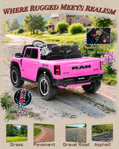 First Ride On 24V Ride On Toys for Big Kids, RAM 1500 2 Seater Ride on Car w/Remote, Battery Powered Truck w/ 4 Wheels Suspension, Toddler Car w/Bluetooth, LED Lights, Trunk