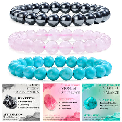 Bivei 3-Piece 8mm Beaded Bracelets for Women – Hematite, Rose Quartz, Green Turquoise – Handmade Natural Crystal Stretch Elastic Jewelry for Meditation, Yoga, Protection Gifts