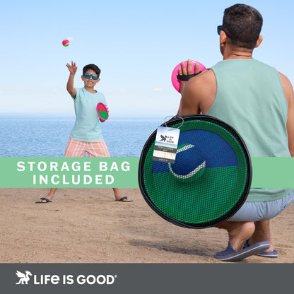 Life is Good Toss and Catch Ball Set (Pink/Green), Enjoy Family Outdoor Games with 2 Paddles, 2 Balls & 1 Carry Bag, No-Setup 2-Player Paddle Game for Beach, Backyard, Park & Travel Fun