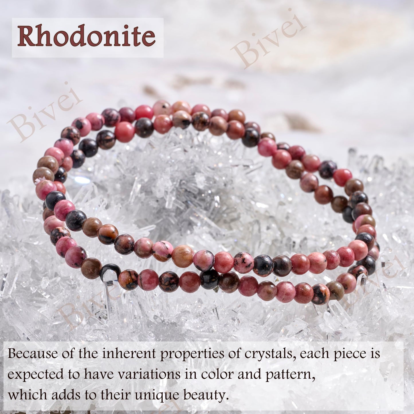 Bivei Rhodonite - Healing - 4mm Beaded Bracelets for Women Handmade Semi Precious Natural Stone Stretch Elastic Jewelry Yoga Protection Gifts Small