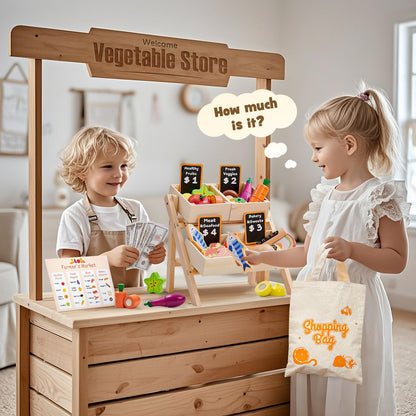 Toyssa 40+ Pcs Wooden Play Food Set with Grocery Store Shelf & Cutting Toys, Pretend Play Kitchen Accessories for Toddlers Kids, Educational Farmers Market Role Play Gifts for Girls Boys 3-7 Years