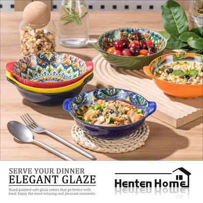 Henten Home Ceramic Soup Bowls Set, 14 oz Cereal Bowl Set of 6, Porcelain Small Dessert Bowls with Handle, for Serving, Snack, Salad, Bohemian, Microwave & Dishwasher Safe