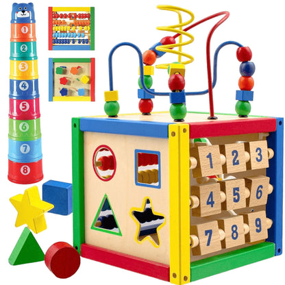 Play22 Wooden Activity Cube for Baby - 6 in-1 Baby Activity Play Cube with Bead Maze, Shape Sorter, Abacus Counting Beads, Counting Numbers, Sliding Shapes, Removable Bead Maze, 8Pcs Stacking Cups