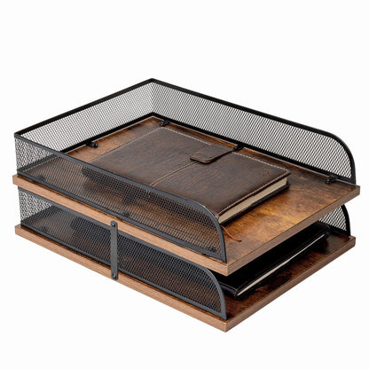 Set of 2 Vintage Wood & Metal Letter Tray，Desk Organizers Paper Tray，Office File Organizer(Black)