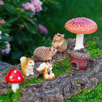 Delighture Fairy Garden Accessories, 7 Pieces Squirrel & Hedgehog Resin Figures with Acorn & Mushroom, Handmade Miniature Decor, Garden Miniatures and Home Decorations, Perfect DIY Gift