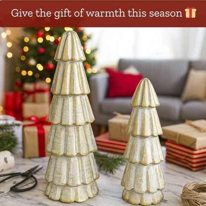 Mie Creations Christmas Tree Figurines, Set of 2 Wooden Decorative Trees for Home, Living Room, Table Centerpiece, Fireplace Mantel, Xmas Indoor Decor, Elegant White & Gold Christmas Trees-11,8 inch