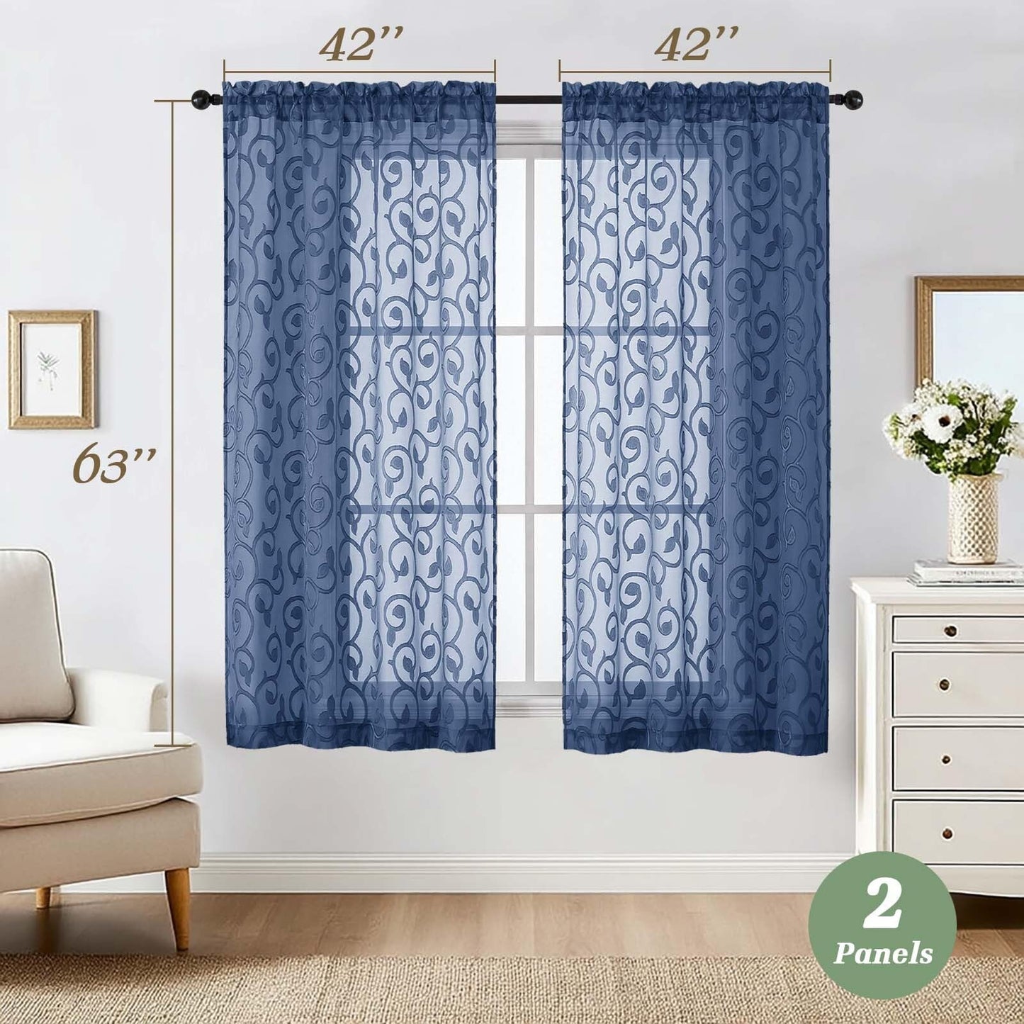 WelvetBLK Sheer Dusty Blue Curtains for Bedroom Living Room 63 Inch Length 2 Panels Set, Soft Airy Light Filtering Geometric Jacquard Clip Curtains Drapes, Modern Rod Pocket, 2Pcs 42" Wx63 L Inch