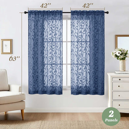 WelvetBLK Sheer Dusty Blue Curtains for Bedroom Living Room 63 Inch Length 2 Panels Set, Soft Airy Light Filtering Geometric Jacquard Clip Curtains Drapes, Modern Rod Pocket, 2Pcs 42" Wx63 L Inch