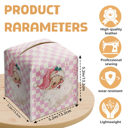 Merry Christmas Tissue Box Holder, Santa Claus Pink Checkered Leather Tissue Box Cover Square, Paper Facial Decorative Tissues Cover for Night Stands Bathroom Office Home Decor-B09