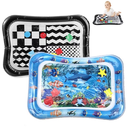 PandaEar 2-Pack Tummy Time Water Mat for Baby 3-36 Months - High Contrast Black & White + Ocean Sensory Play Mat - BPA-Free Leak-Proof Inflatable Infant Toys for Brain Development & Motor Skills