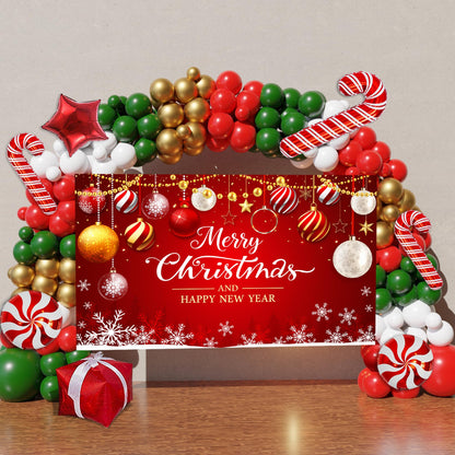 Christmas Balloon Arch Kit, 163PCS Christmas Party Decorations with Large Backdrop for Photography, Red Green Gold, Candy Cane, Red Star, Gift Box Foil Balloons for Party Decor