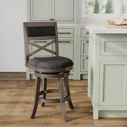 DTY Indoor Living Meeker 24 Inch Counter Height Bar Stools with Backs - Wooden Swivel Counter Stools for Kitchen Island - Charcoal Fabric Seat, Solid Wood Frame, Weathered Gray Finish